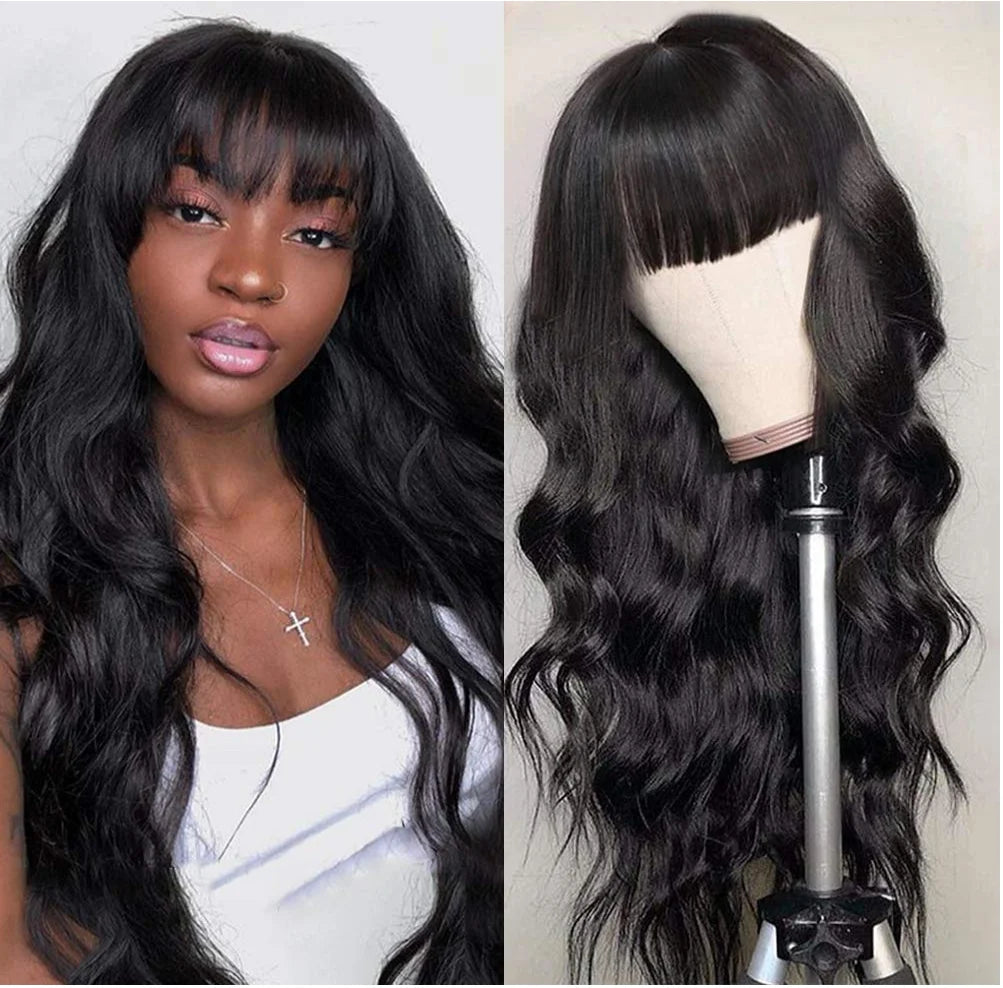 Body Wave Wigs With Bangs Put on go Wigs Human Hair 26inch Glueless Human Hair Wigs Natural Wave Bang Wigs Beginner Friendly