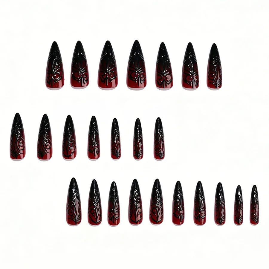 24Pcs Fake Nails Halloween-Themed Long Pointed Nails with Embossed Blood-Red Spider Web Gradient Design Press-On Nails