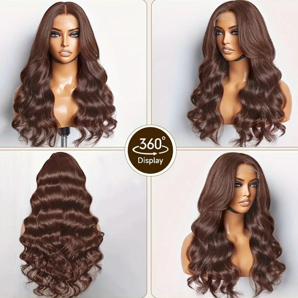 Chocolate Brown Body Wave Lace Front Wigs Human Hair Frontal Lace Wigs 220 Density 30 Inch 13x6 HD Transparent Lace Human Wigs