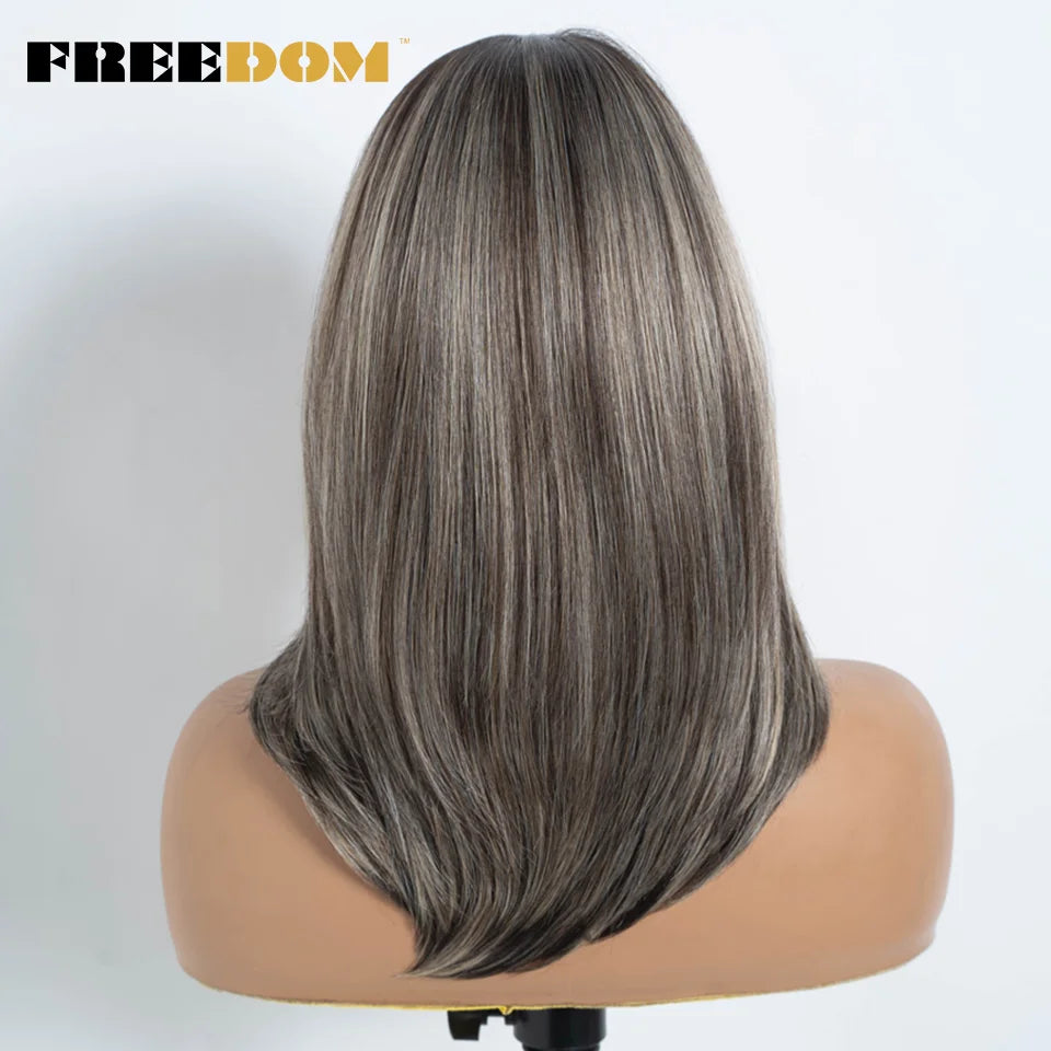 FREEDOM Synthetic Lace Front Wigs For Women Straight Bob Layered Wigs 13X3 Pre Plucked 16" Ombre Blonde Highlight Daily Use Wig