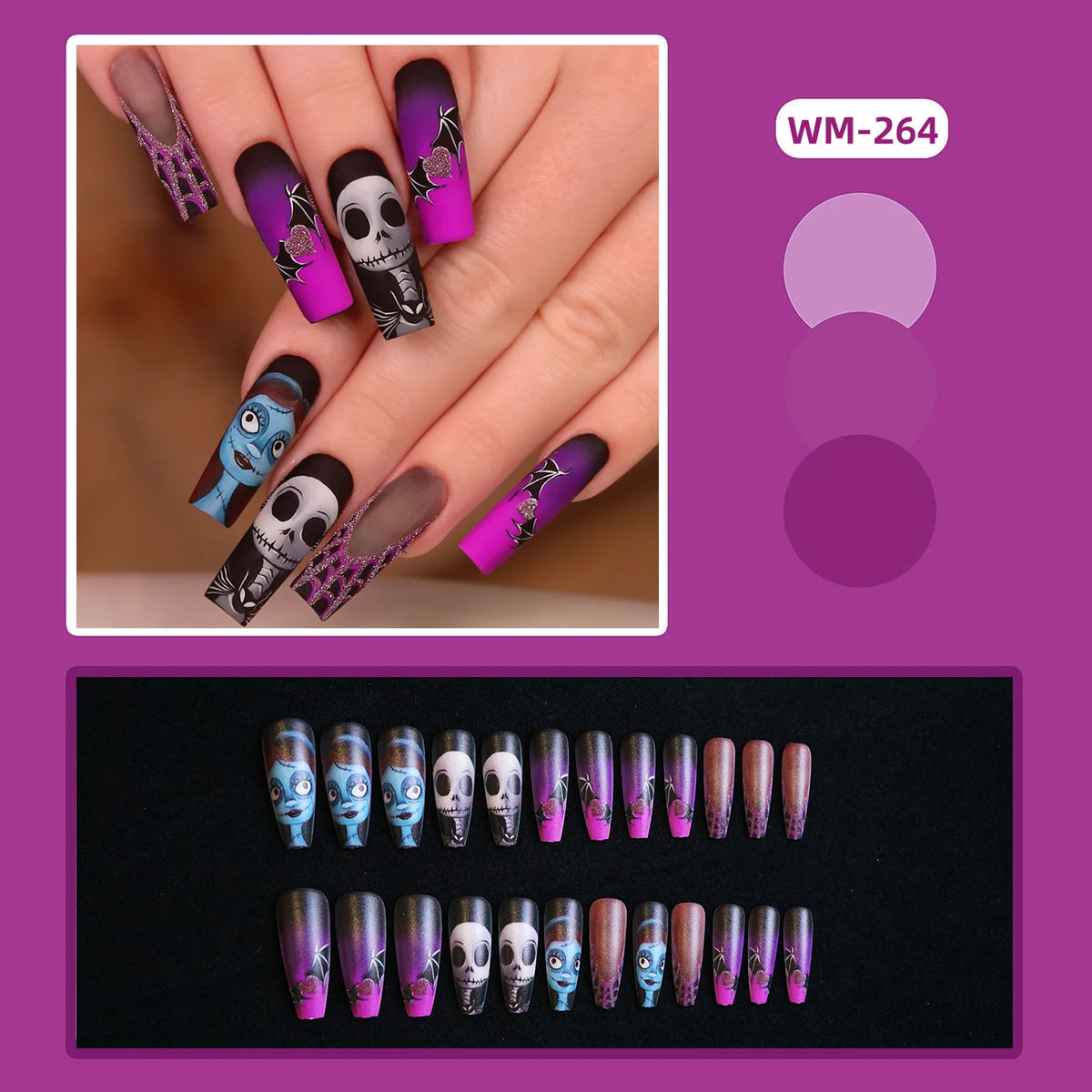 24pcs Halloween False Nails Ghost Witch Pumpkin Print Fake Nails Tips Wearable Detachable European Long Ballet Press on Nails
