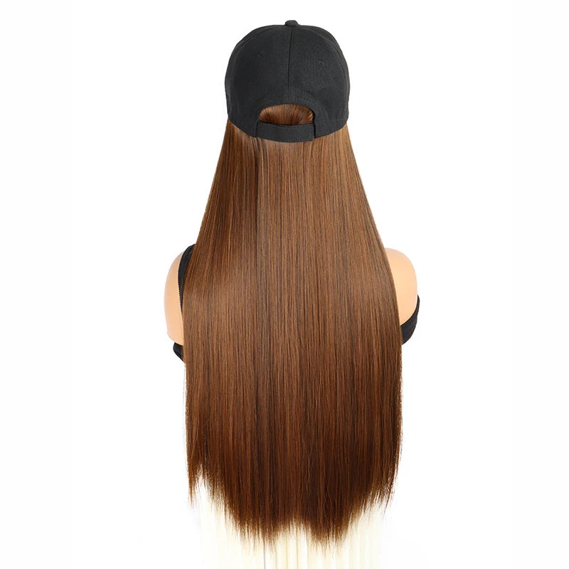 24Inch Synthetic Long Straight Baseball Hat Adjustable Wig Black Brown Hairpiece for Women