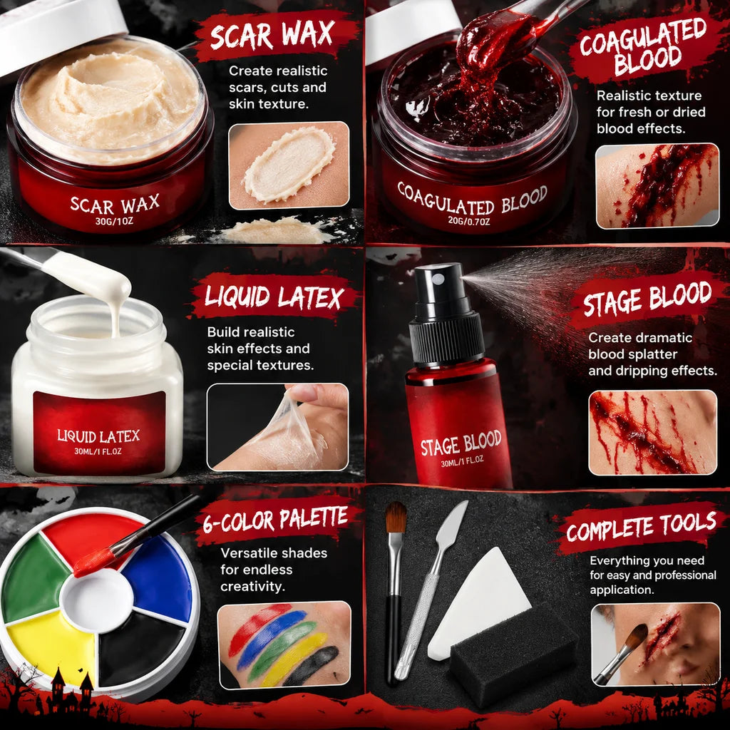 Halloween Makeup Kit 200g SFX Scar Wax Fake Blood Gel Set Safe Special Effects Wound Makeup Zombie Party Supplies For Women