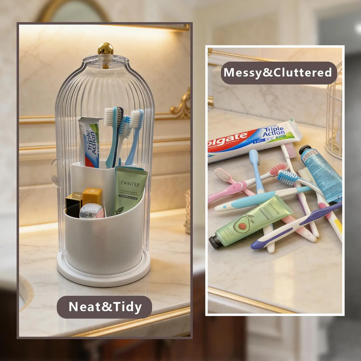Makeup Brush Holder Organizer With Lid,360 Rotating Dustproof ABS Storage Caddy,3 Slots Sliding Lid Toothbrush Holder With Non-Slip Base,Multi-Use Space-Saving Organizer For Makeup Brushes Toothpaste,Perfect For Vanity Bathro