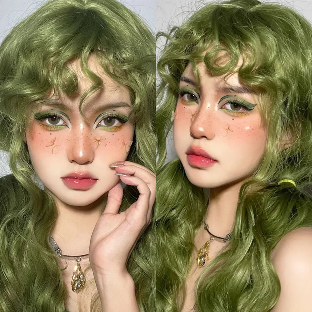 HENRY MARGU Light Green Curly Synthetic Wigs Long Colorful Wig with Bangs Heat Resistant Fiber for Cosplay Party Women Girls Use