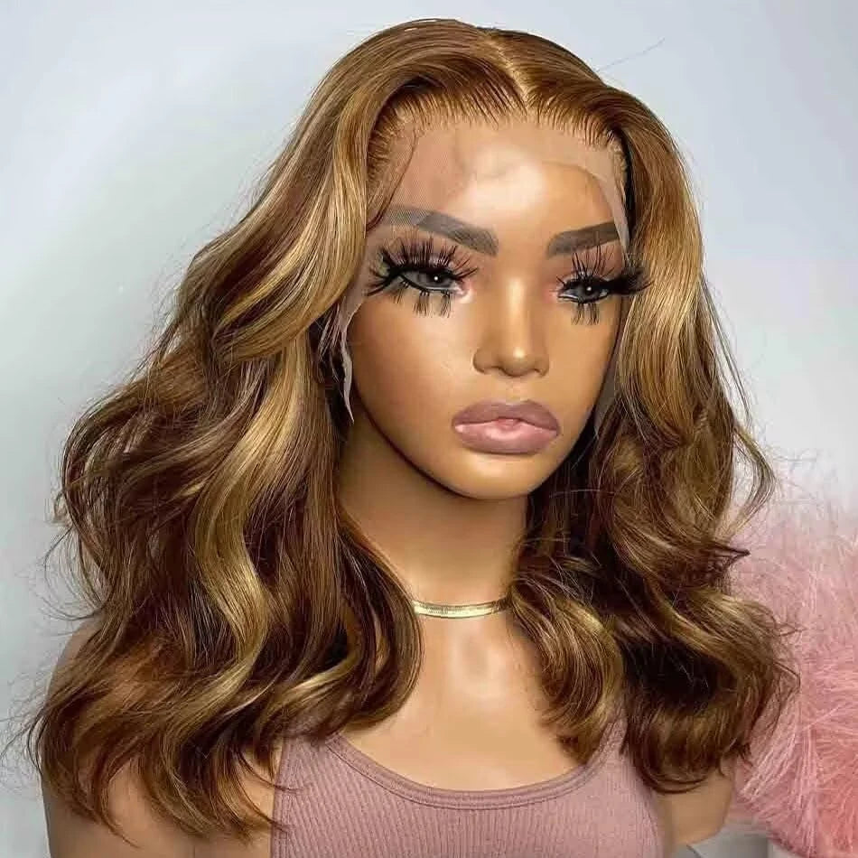 Honey Blonde Bob Wig Human Hair 14 Inch 13x4 Body Wave 4/27 Highlight Ombre HD Lace Front Wigs Human Hair Pre Plucked Glueless Lace Frontal Bob Wigs for Women Colored Wig