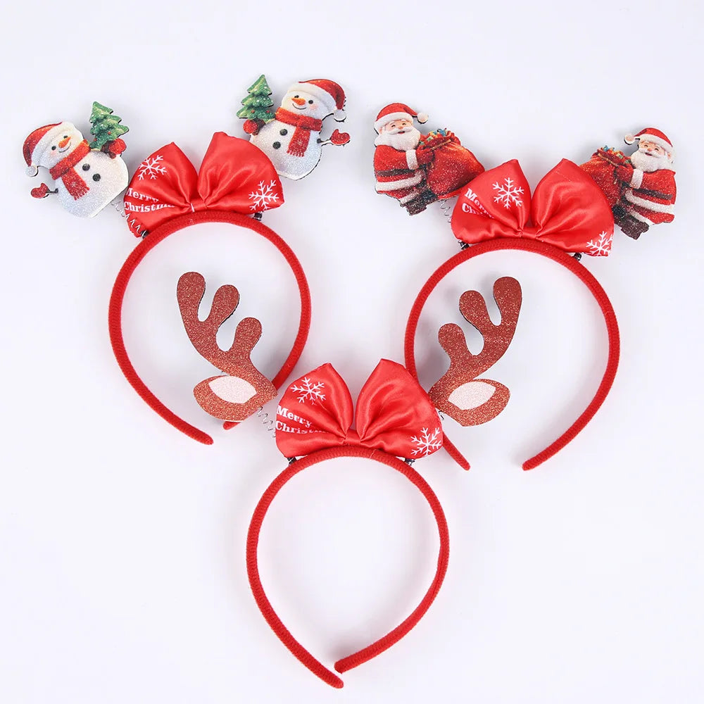 3D Flat Snowman Reindeer Christmas Headband with Antler Bow Hair Clip Festive Christmas Decoration Headwear for Parties
