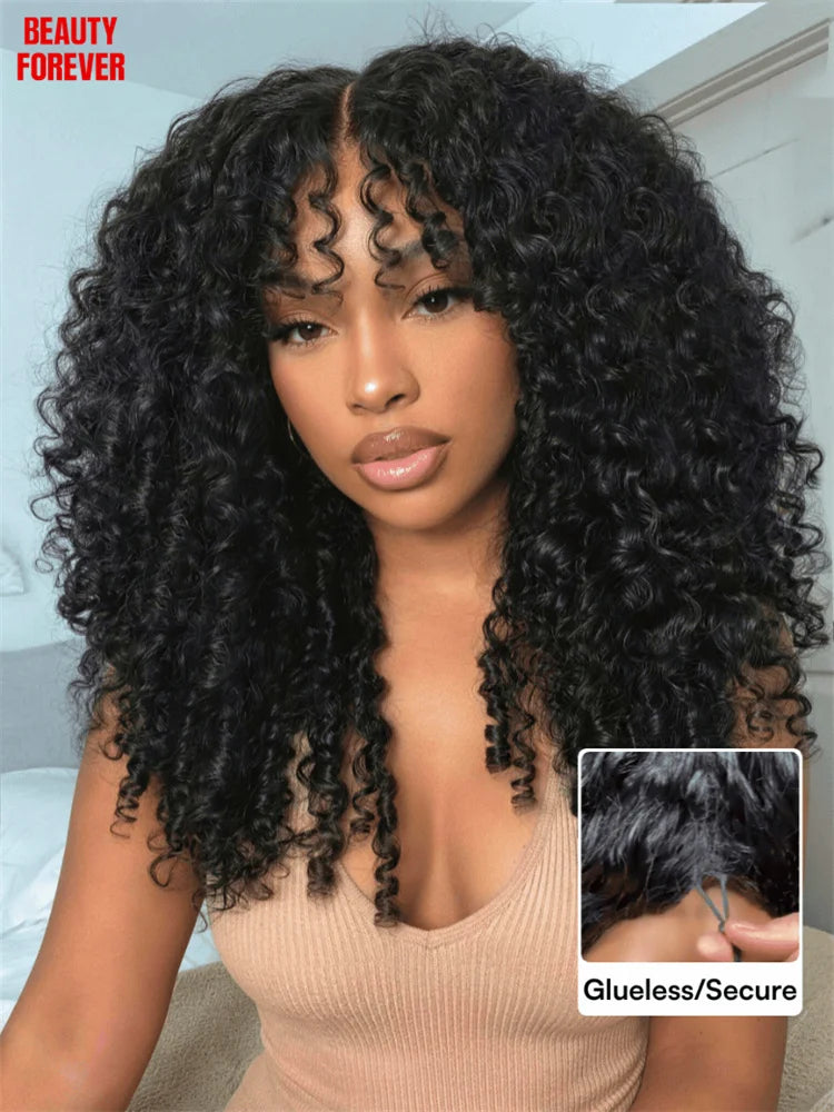 Beautyforever 7x5 Bye Bye Knots Glueless Human Hair Wig Jerry Curly Reddish Brown Color HD Transparent Lace Front Wig 180%