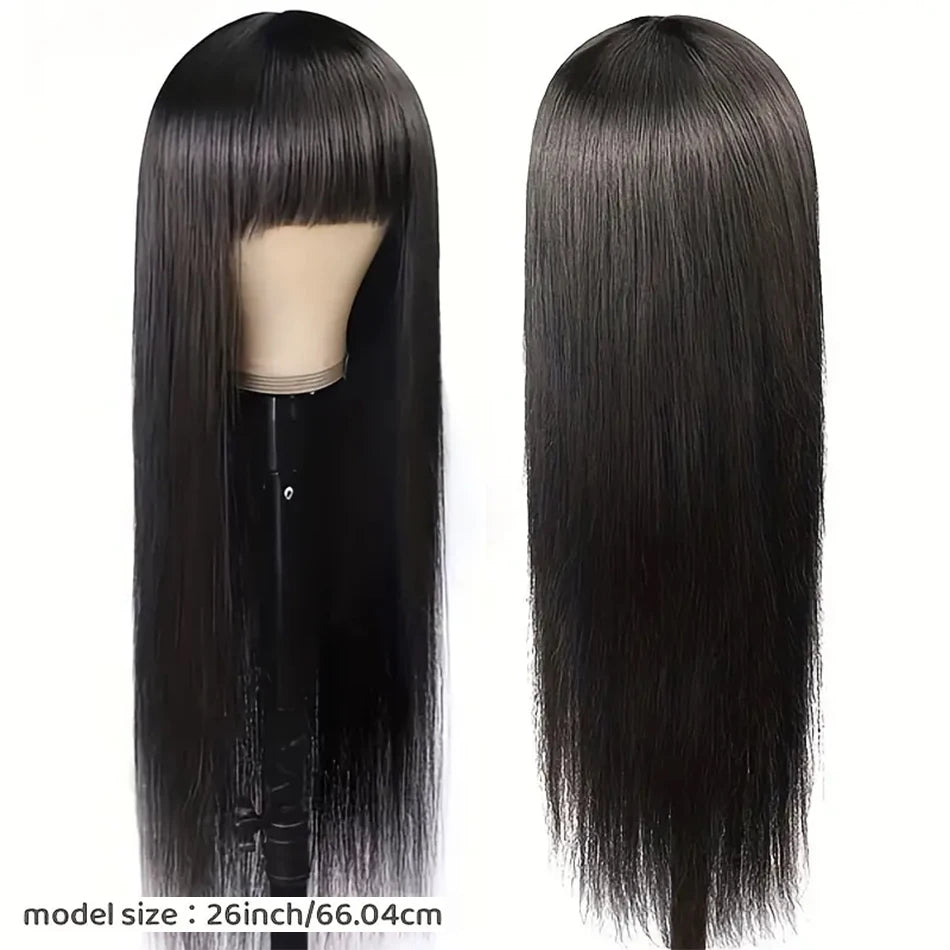 Peruvian 30 Inch Straight Full Machine Made Wig with Bang 180% Natural Human Hair Wig For Women Pre-Plucked Remy Hair Cheap Wig