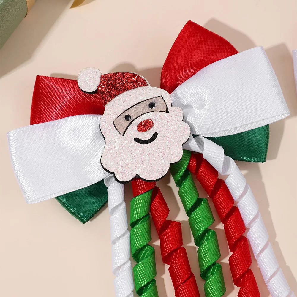 2Pcs Christmas Santa Claus Bow Hair Clips For Girls Cute Reindeer Curly Ribbon Tassels Hairpins Kids  Xmas Party Accessories