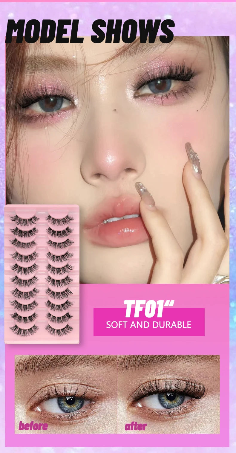 GROINNEYA Manga Lashes 5/10 Pairs 3D Clear Band Lashes Natural Look Mink Eyelashes Fluffy Cat Eye Lashes Pack Fake Eyelashes