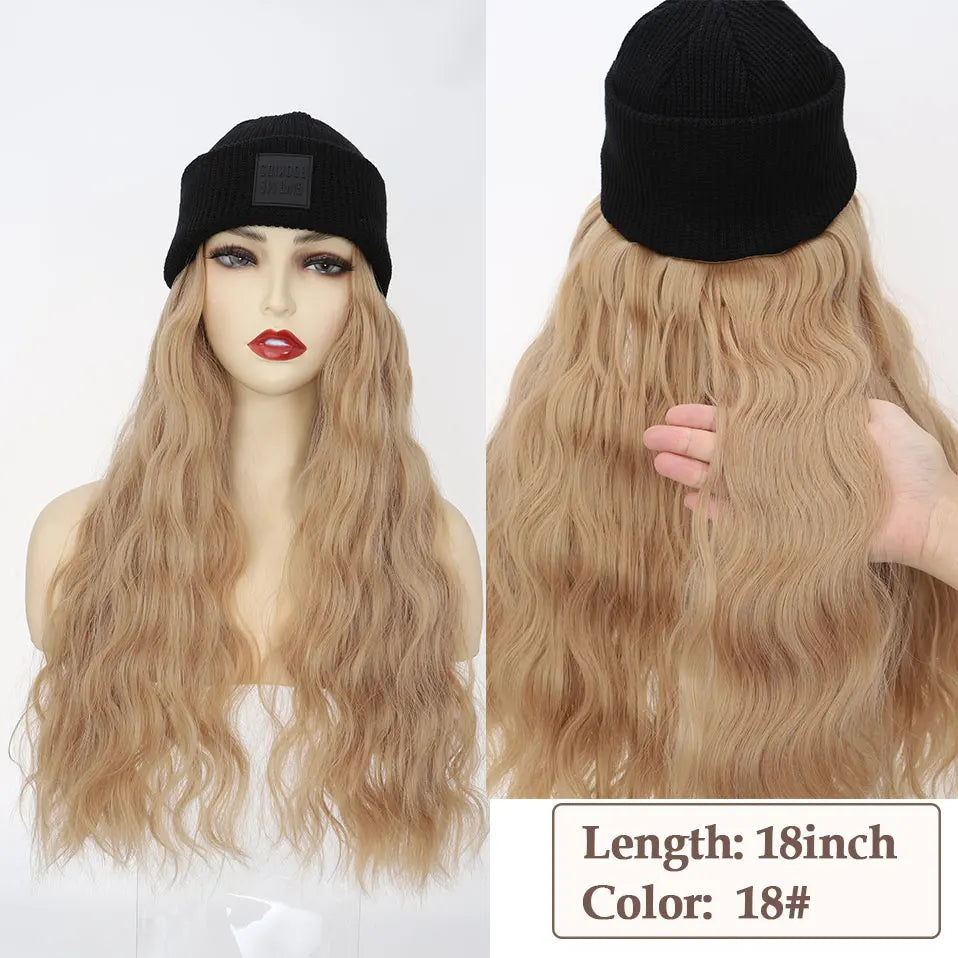 Hat Wig Knitted Beanie Wig Hat Hair Extension 11''18'' Long Wavy Curly Black Hat Wig Synthetic Hairpiece for Women Girls Winter