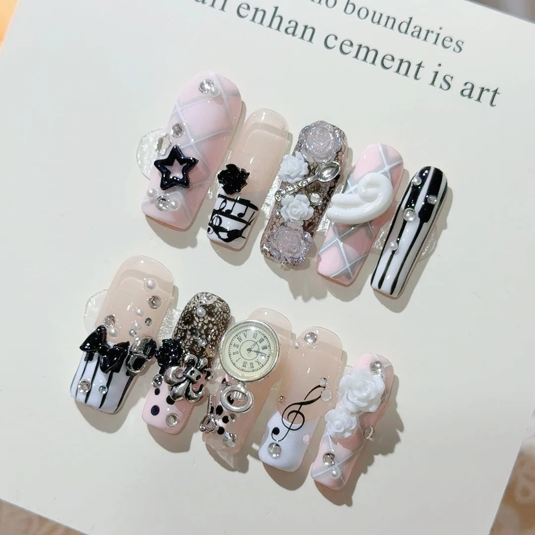10pcs Handmade Long Coffin Press on Nails Halloween Cyberpunk Dark Rivet Design False nails European Heavy Metal Fake Nail Tips