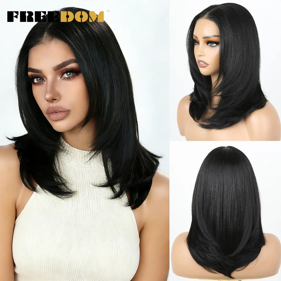 FREEDOM Synthetic Lace Front Wigs For Women Straight Bob Layered Wigs 13X3 Pre Plucked 16" Ombre Blonde Highlight Daily Use Wig