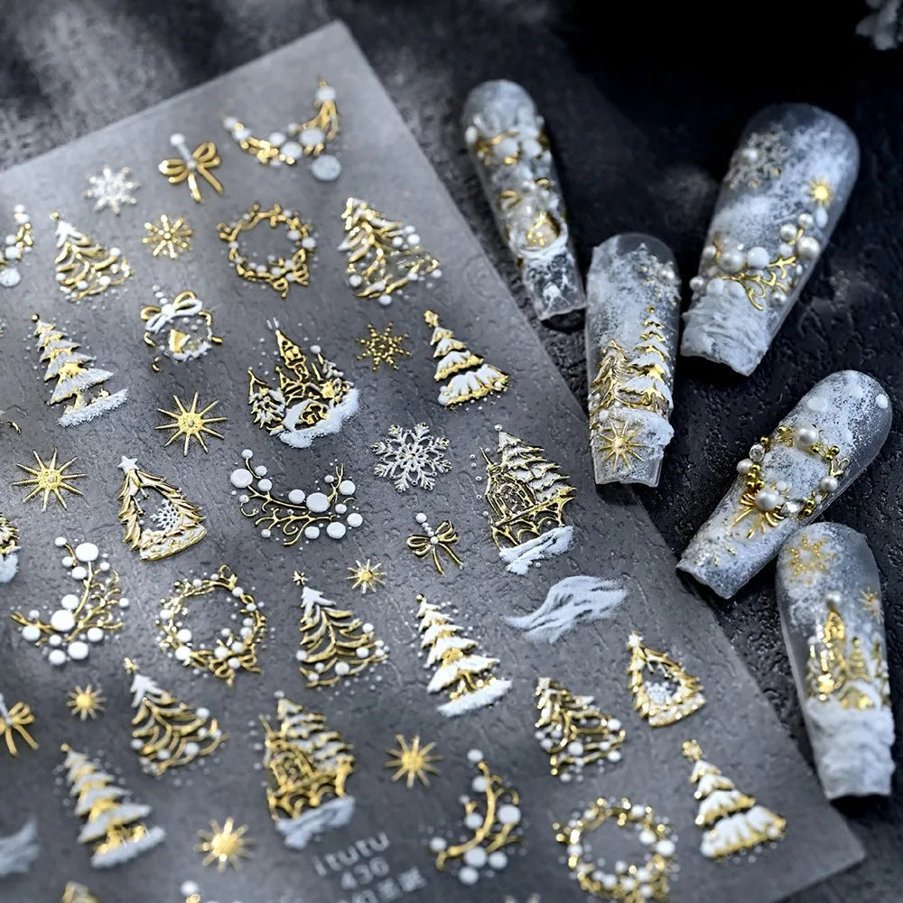 1pcs Laser Glitter Silver Purple Christmas Tree Crystal Ball Nail Sticker 5D Embossed Snowflake Christmas Nail Decals Nail Parts