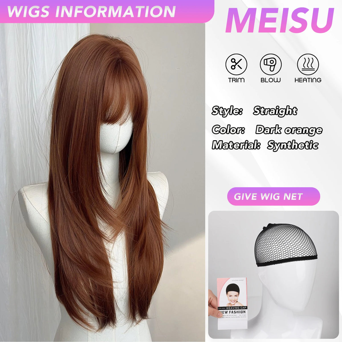 MEISU 26 Inch Straight Synthetic Wig Layered Dark Orange Heat-Resistant Natural Smooth Hair Stylish Party Bangs Wigs For Women