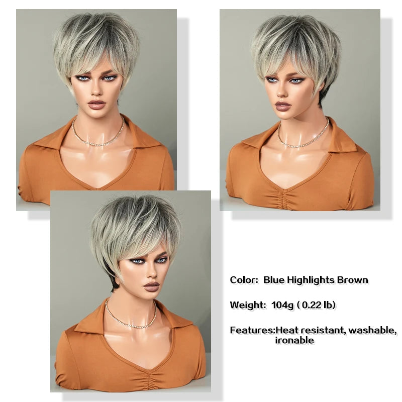 7JHH WIGS Ombre Black Blonde Bob Wig for Women Daily Party Synthetic Straight Short Hair Wig with Fluffy Bangs Pixie Cut Wigs