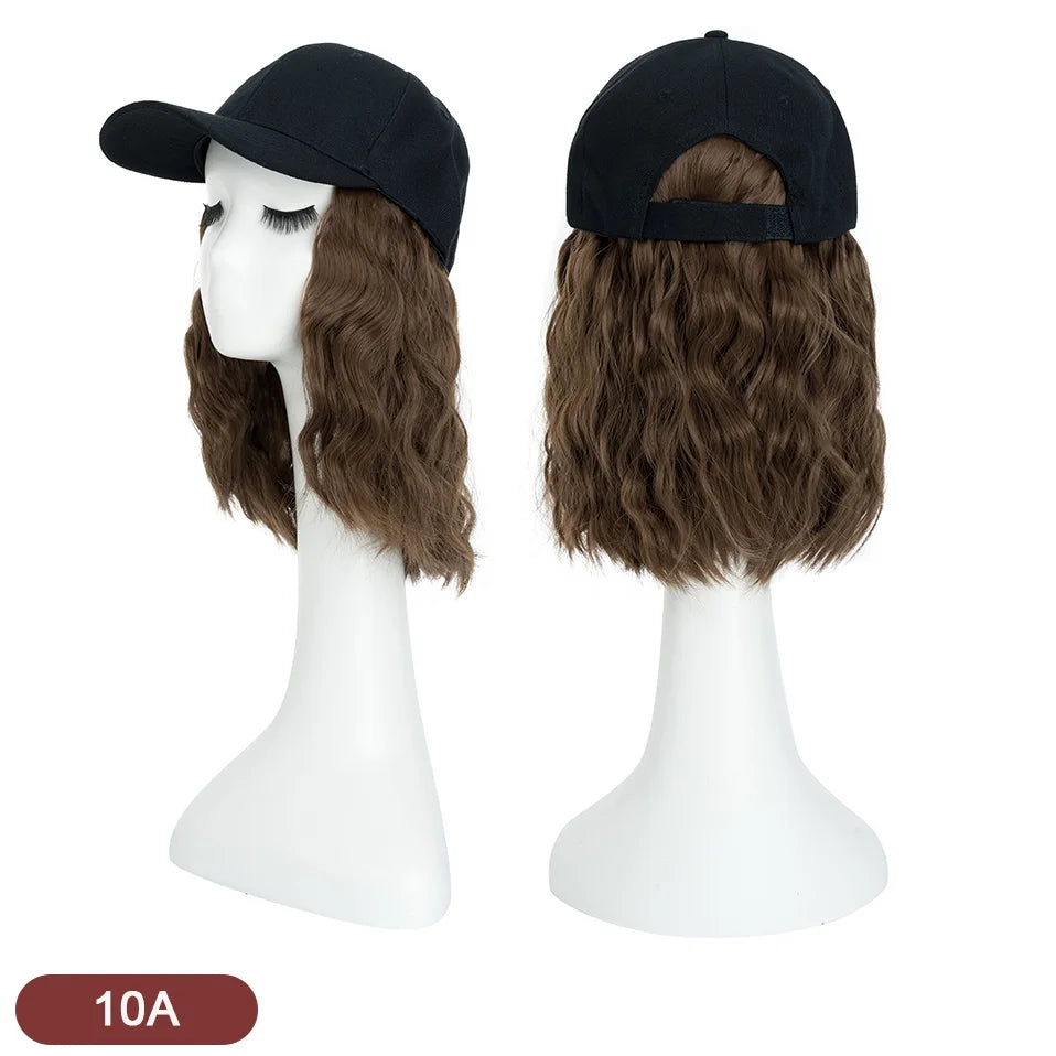 Benehair Hat Wig for Women 8 Inches Wave Baseball Cap Wig with Curly Hair Extensions Wig Synthetic Wave Wig Hat Adjustable Brown