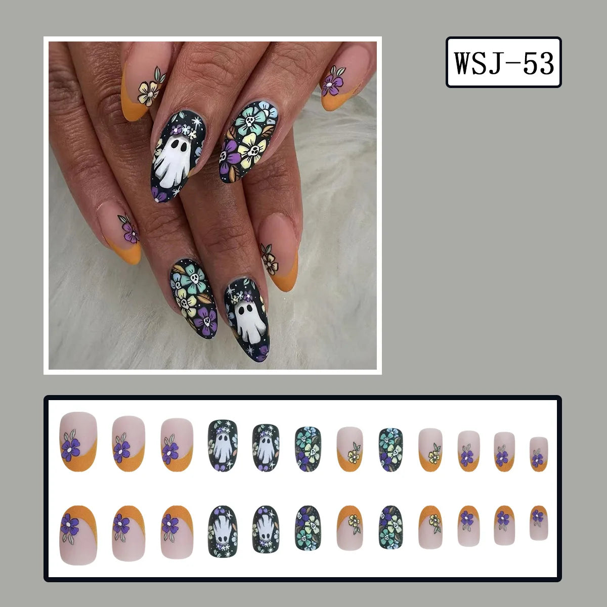 24pcs Gothic Punk Fake Nail Tips Black Ant Centipede Print Coffin Head Press on Nails Wearable European Halloween  False Nails
