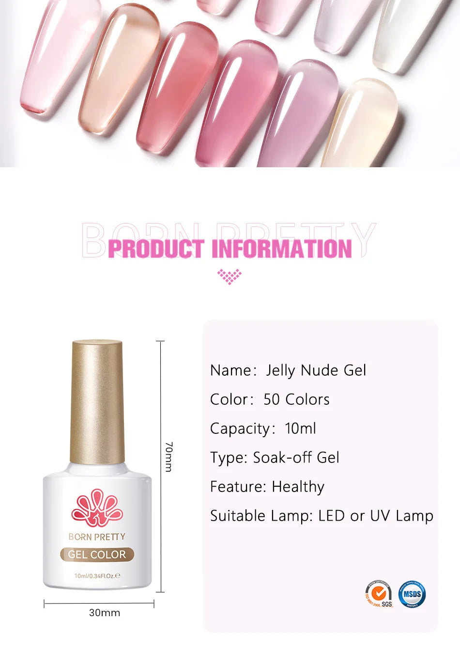BORN PRETTY 10ml Jelly Nude Gel Nail Polish 50 Colors Semi Transparent Nail Art Nail Supplies Soak off UV LED Nails Gel Varnish