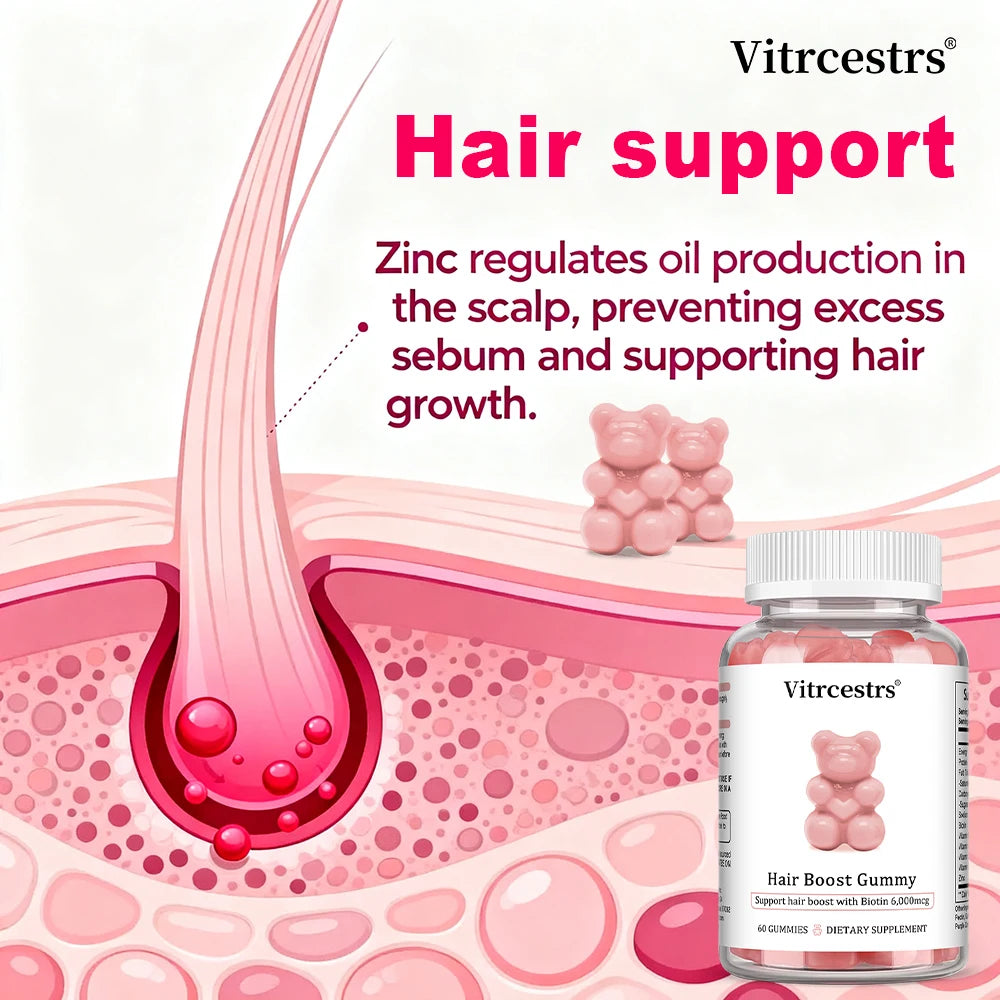 Hair Boost Gummy, with Biotin 6,000mcg Gummies for Hair Growth, Skin & Nails for Women & Men - Gluten-Free, Vegan, Non-GMO