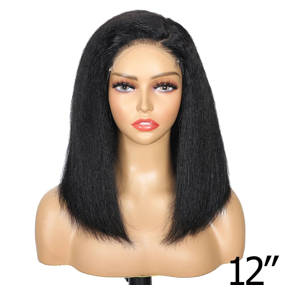 100% Human Hair Bob Yaki Straight Glueless HD Lace Closure Wigs 4C Precut Kinky Straight 5x5 Lace Wig With Drawstring PrePlucked