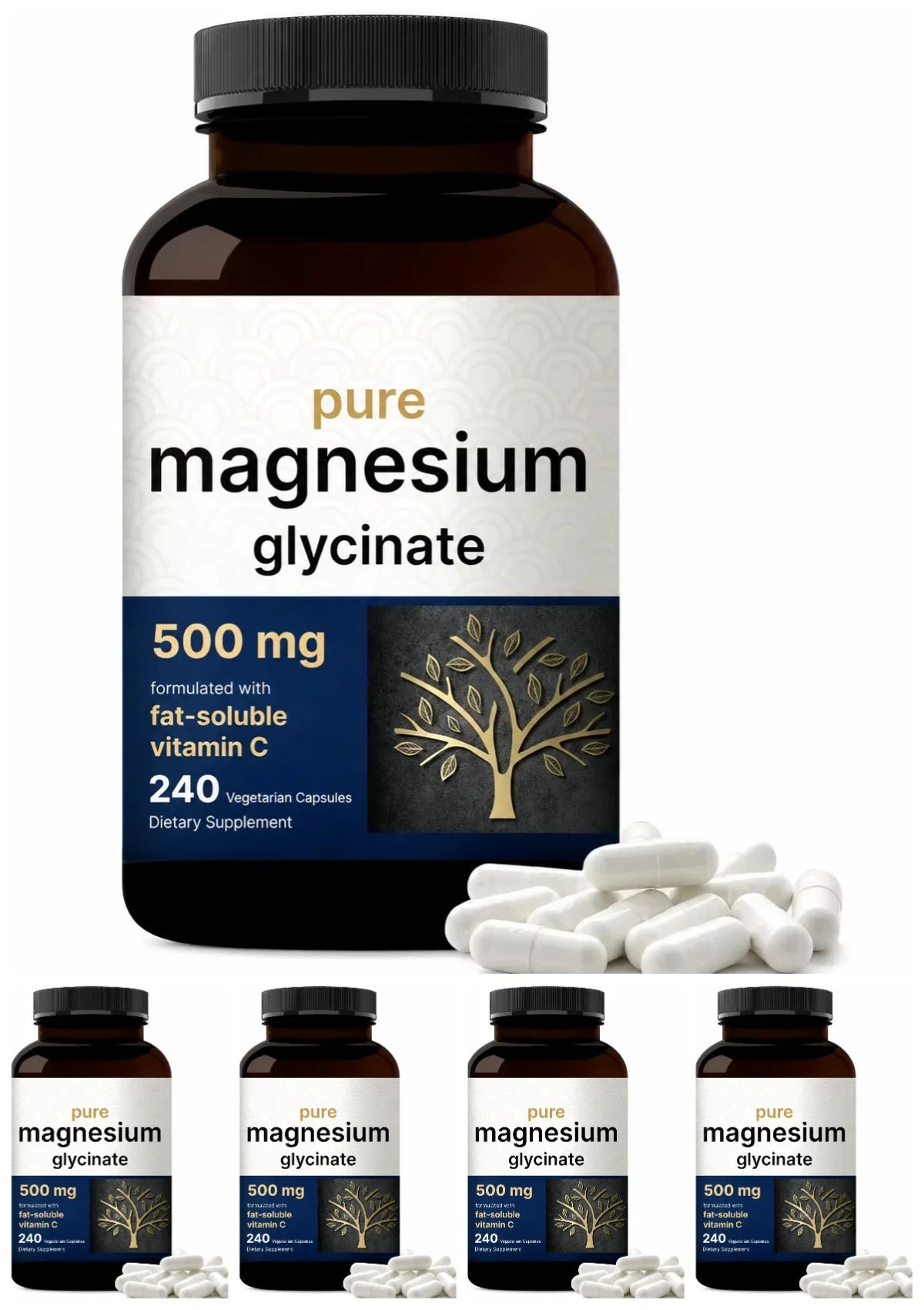Pure Magnesium Glycinate 500mg Capsules with Vitamin C Supports Relaxation Muscle Nerve Health Bone Support 240 Capsules