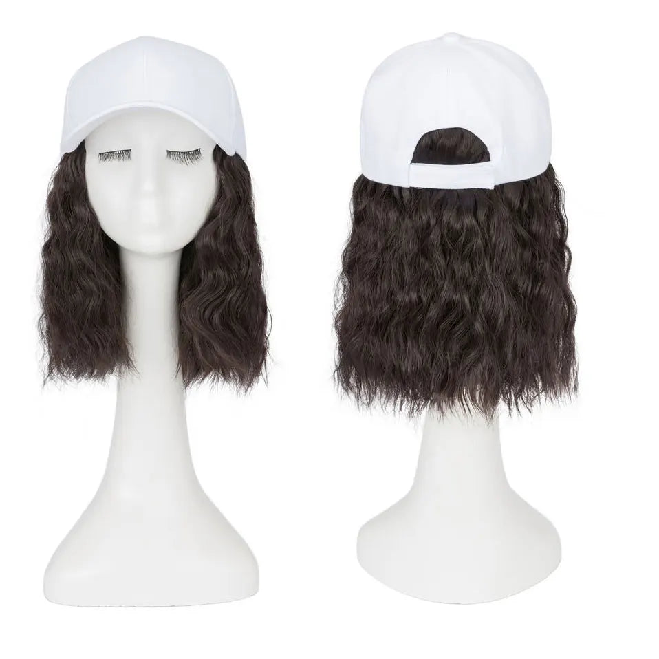 8" Short Wave Baseball Cap Wigs with Curly Hair Extensions for Women Daily Wear Synthetic Wave Adjustable Baseball Hat Wigs