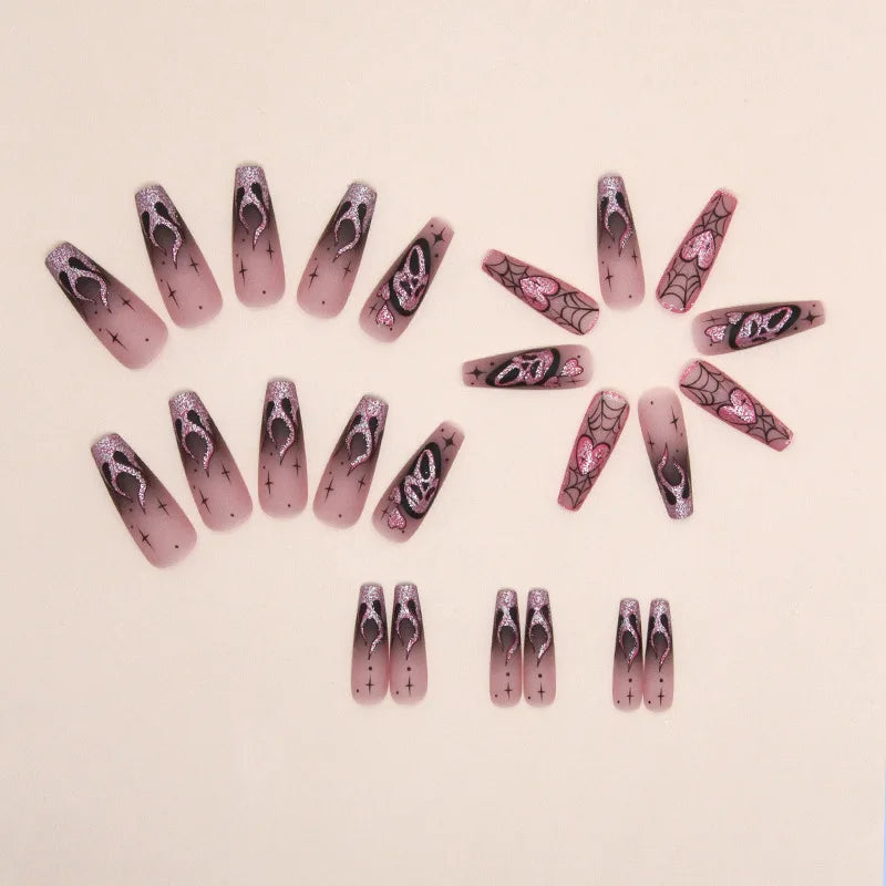 24pcs Glitter Pink Sequins Fake Nails 2026 Halloween Scary Skull Love Print False Nails Wearable European Ballet Press on Nails