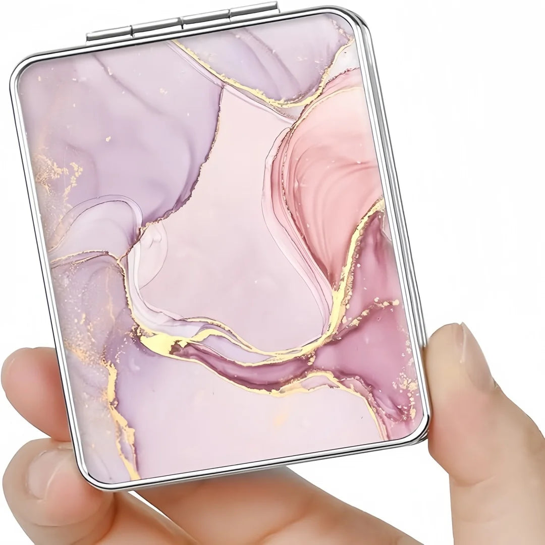 Pocket Mirror, Small Travel Mirror with Magnification, Portable Double-Sided Magnifying Cosmetic Mirror for Daily (Pink Marble)