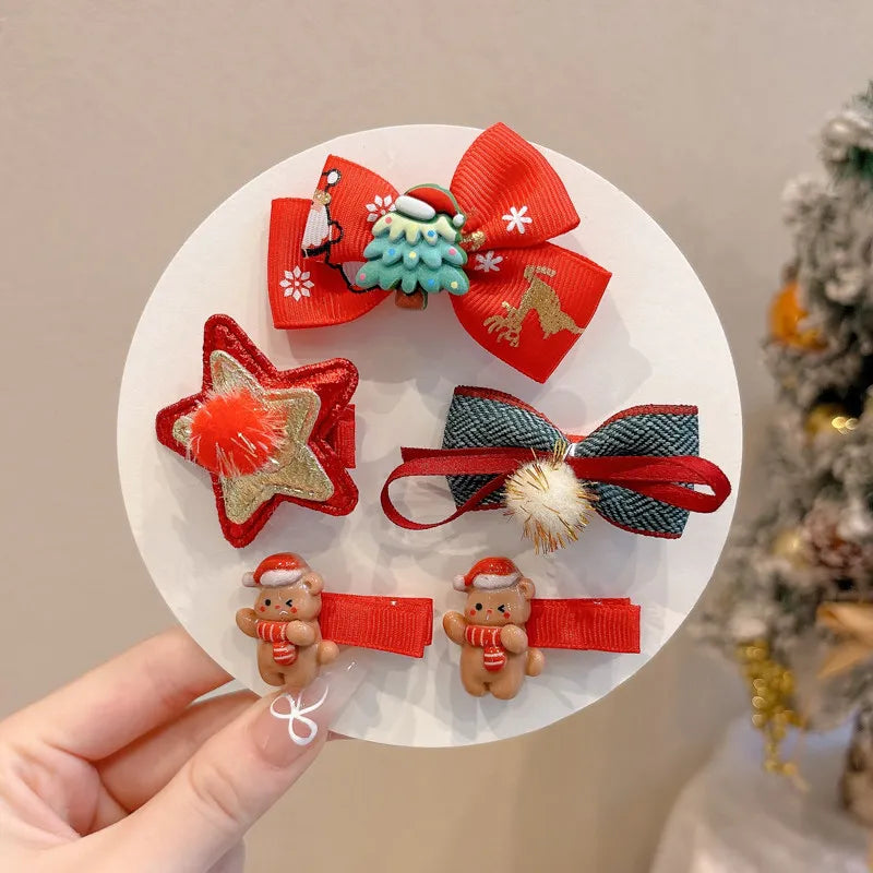 New Year Christmas Cute Cartoon Bow Hairpins Set Children Girls Hair Clips Pin Barrettes Accessories Headwear Headdress Ornament