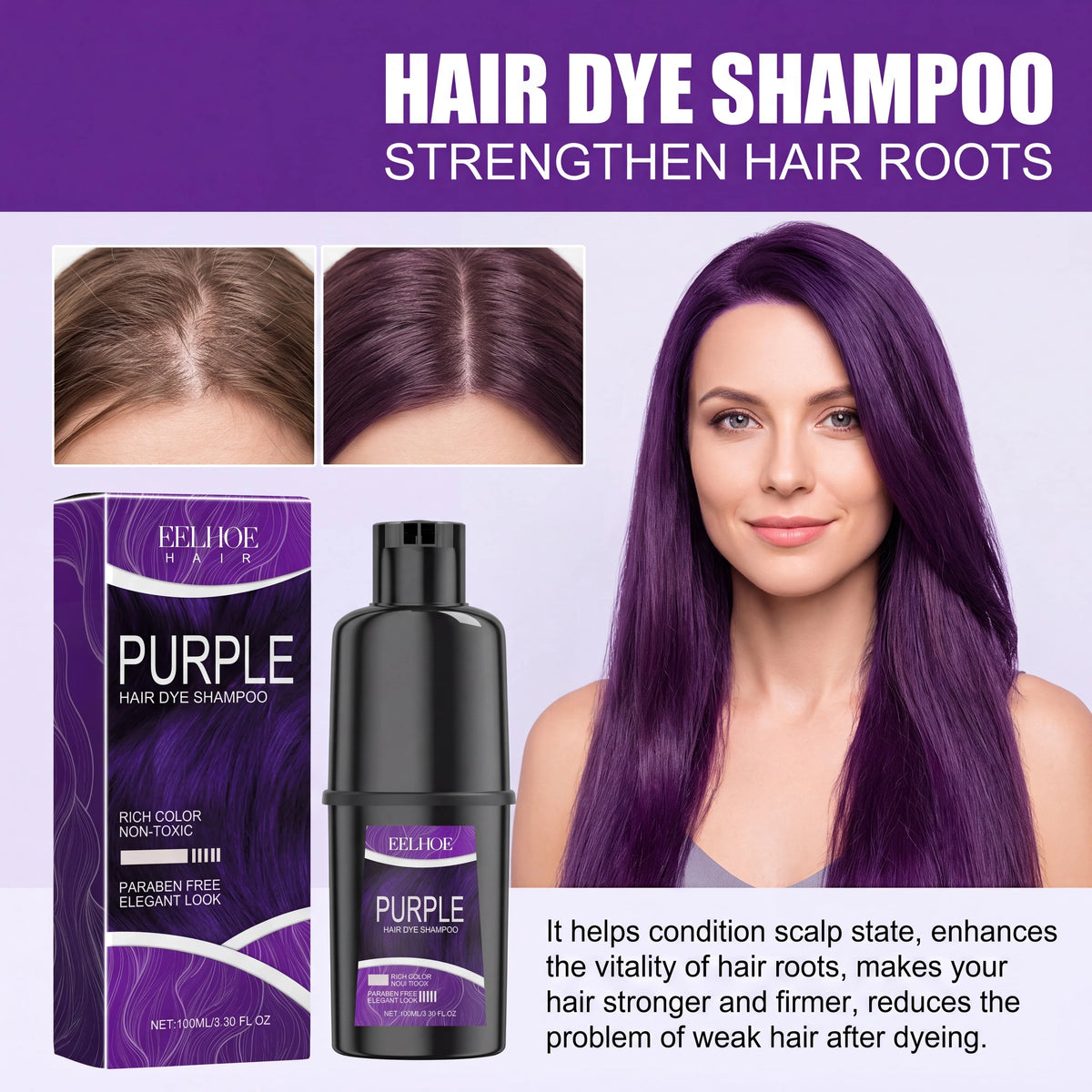 Purple Natural Herbal Hair Color Shampoo For Gray Hair Coverage Long Lasting Color Enhancing Care Nourishing Coloring Shampoo