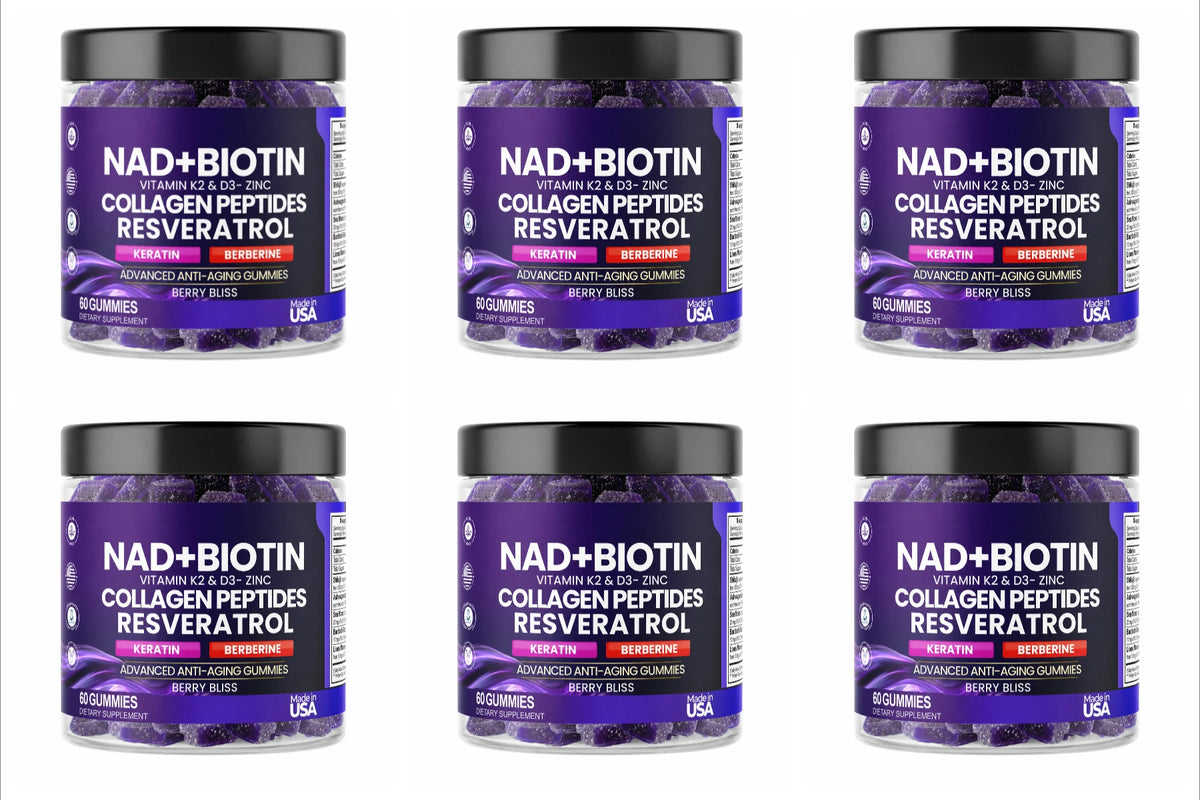 Biotin Collagen Gummies with NAD+ Resveratrol Vitamin D3 K2 Zinc Daily Beauty Wellness Supplement 60 Count Berry Flavor