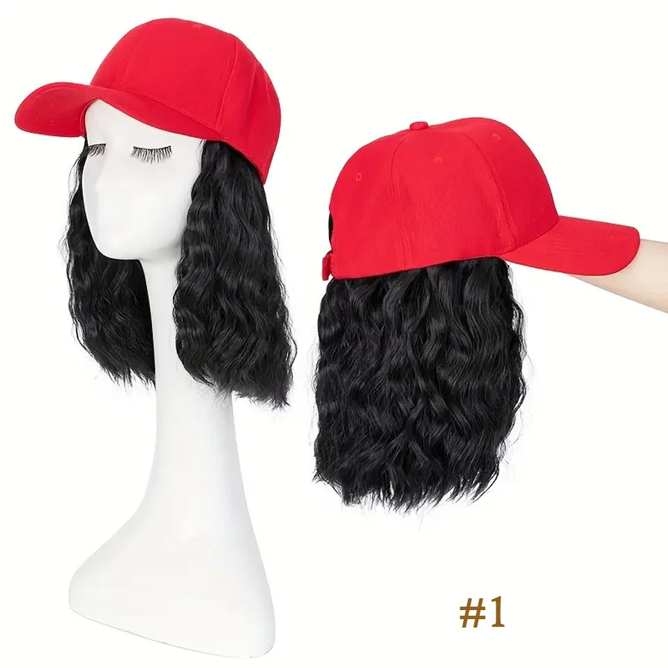 8" Short Wave Baseball Cap Wigs with Curly Hair Extensions for Women Daily Wear Synthetic Wave Adjustable Baseball Hat Wigs