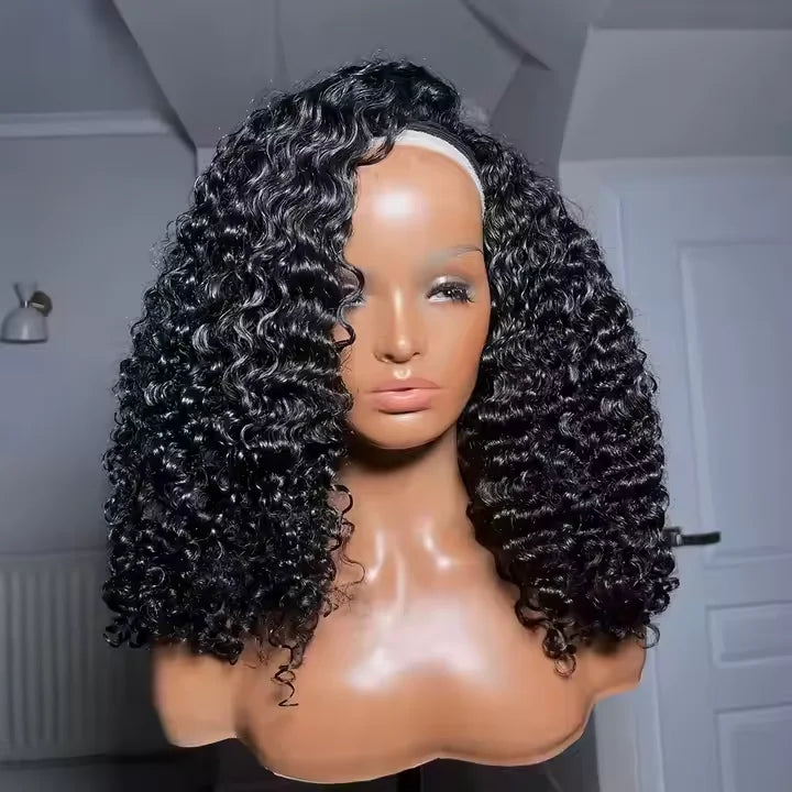 300% Glueless Wigs Human Hair Afro Kinky Curly Headband Wig Upgrade 3 IN 1 Half Wig With Drawstring Seamless Clip Ins Flip Over