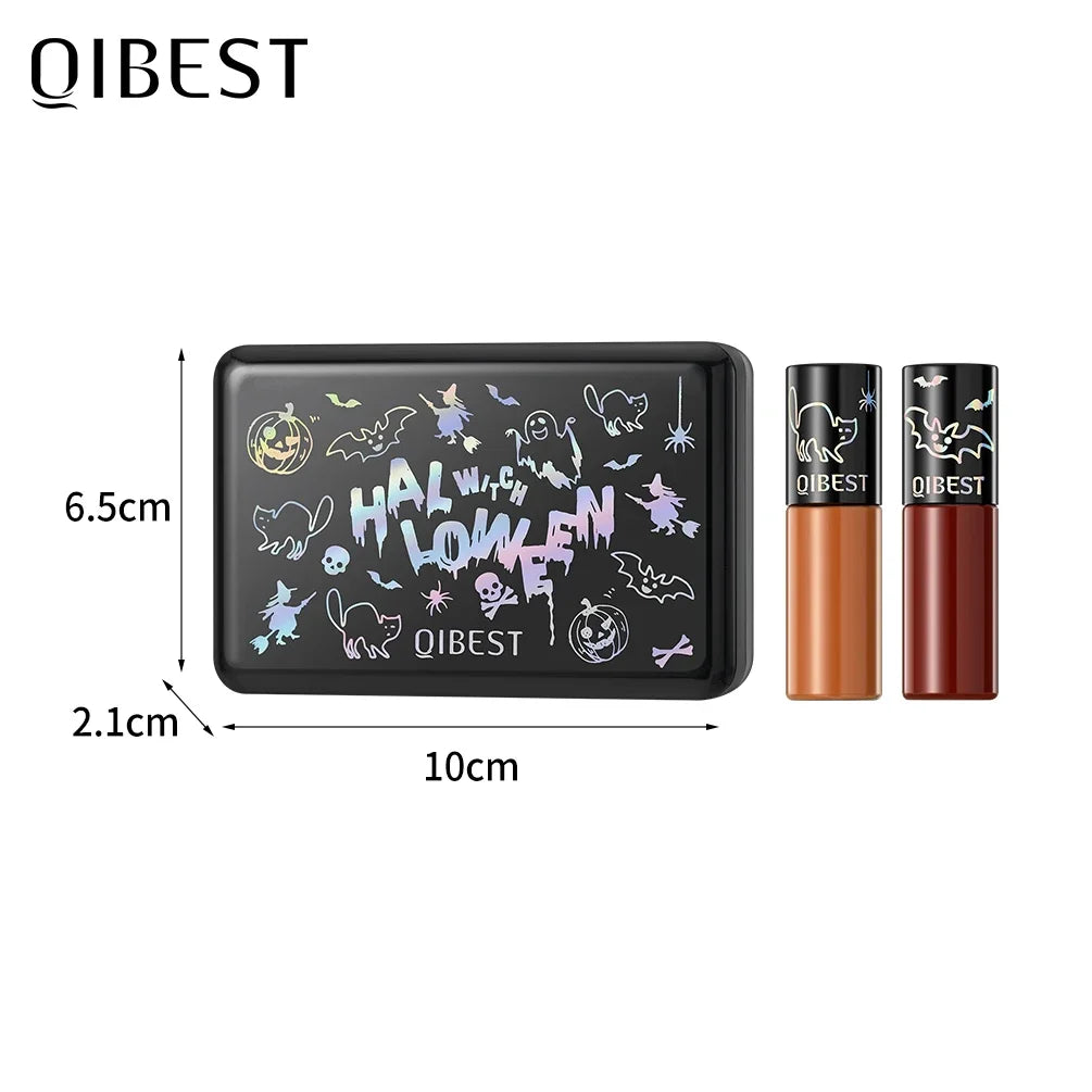 QIBEST Halloween Lipgloss Makeup Sets Matte Liquid Lipstick Waterproof Red Lipgloss Black Purple Orange Non-Stick Cup Lipstick