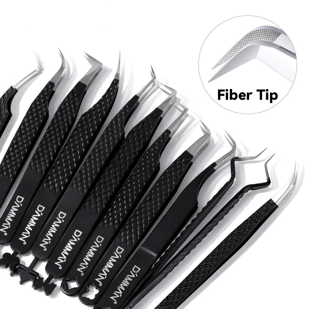DAMMAN Professional Tweezers for Eyelash Extensions Premium Quality Lash Tweezers Precision Fiber Tip Eyelash Tweezers with Case