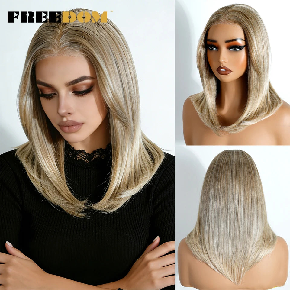 FREEDOM Synthetic Lace Front Wigs For Women Straight Bob Layered Wigs 13X3 Pre Plucked 16" Ombre Blonde Highlight Daily Use Wig