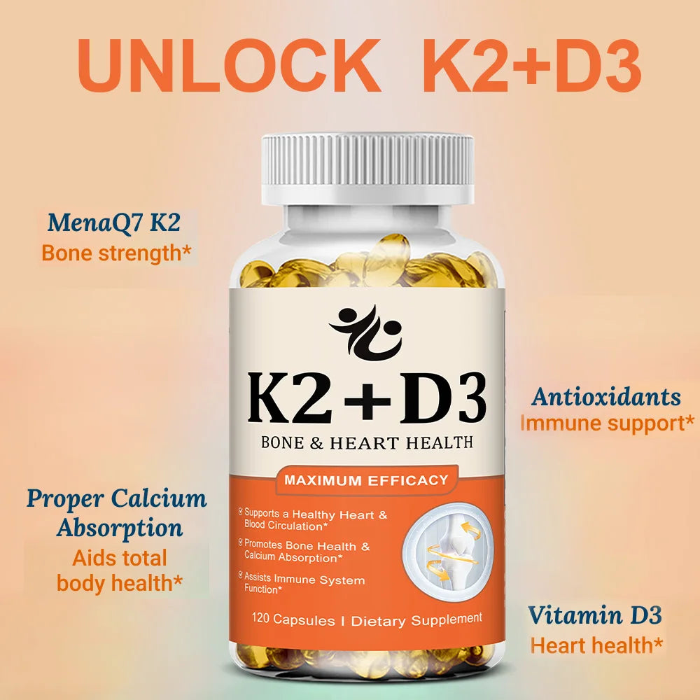 Vitamin D3 + K2 Capsules, Support Calcium Absorption, Bone & Joint Wellness, Cardiovascular Function and Immune System Health