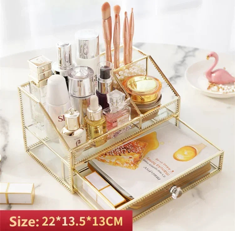 Golden Glass Cosmetic Storage Box Makeup Organizer Perfume Bathroom Make Up Tools Box for Cotton Pads Jewelry Display Rack