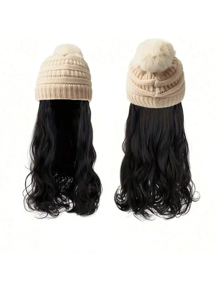 20inch Long Water Wavy Synthetic Hairpiece Beanie Hat - Woven Wigs with Knit Pom Cap and Warm Winter Design - Soft, Detachable,