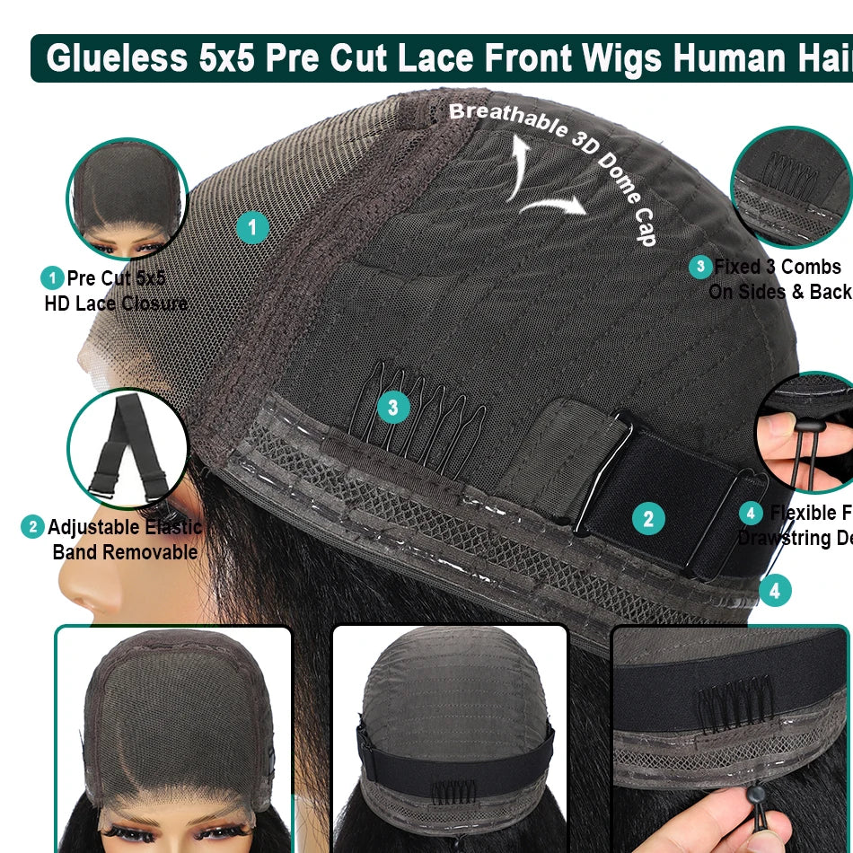 100% Human Hair Bob Yaki Straight Glueless HD Lace Closure Wigs 4C Precut Kinky Straight 5x5 Lace Wig With Drawstring PrePlucked