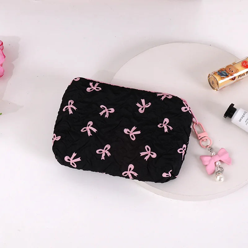 Cute Bow Travel Small Cosmetic Lipstick Portable Storage Bag Women Girls Makeup Handbags Purse Key Earphone Pouch Bags Organizer