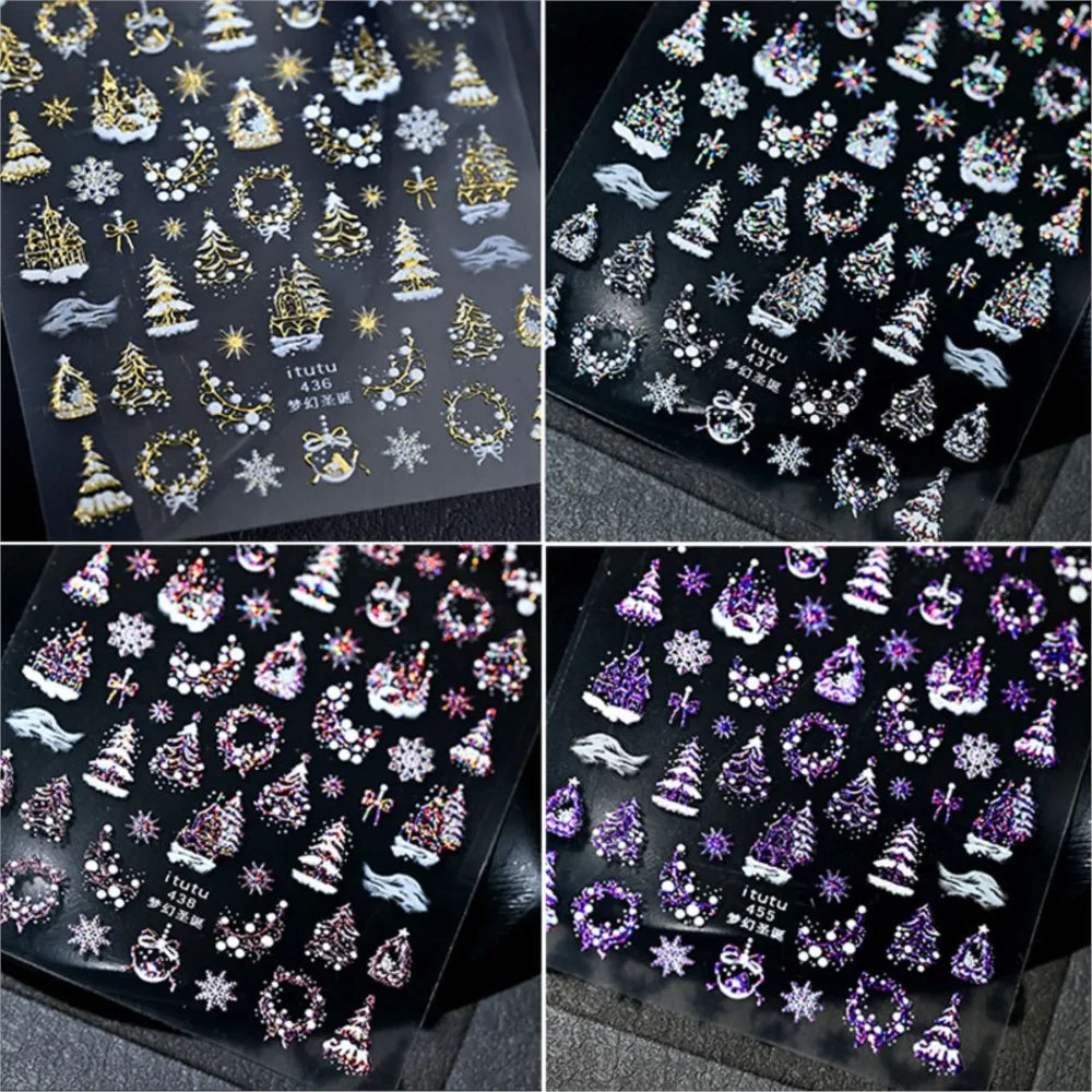 1pcs Laser Glitter Silver Purple Christmas Tree Crystal Ball Nail Sticker 5D Embossed Snowflake Christmas Nail Decals Nail Parts