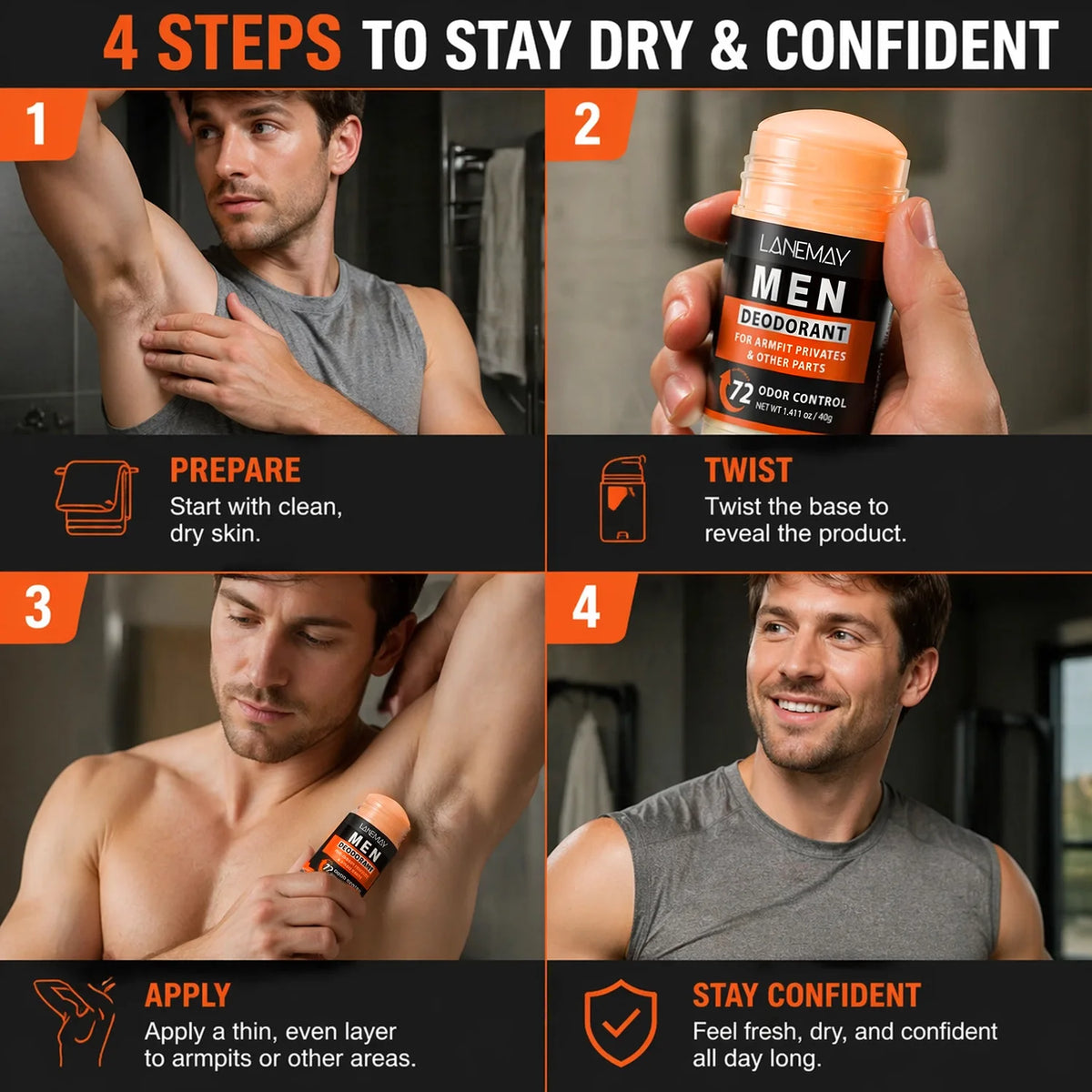 Men's 72HR Odor Control Deodorant Stick for Armpit, Privates & Other Parts, 40g, Long-Lasting Freshness