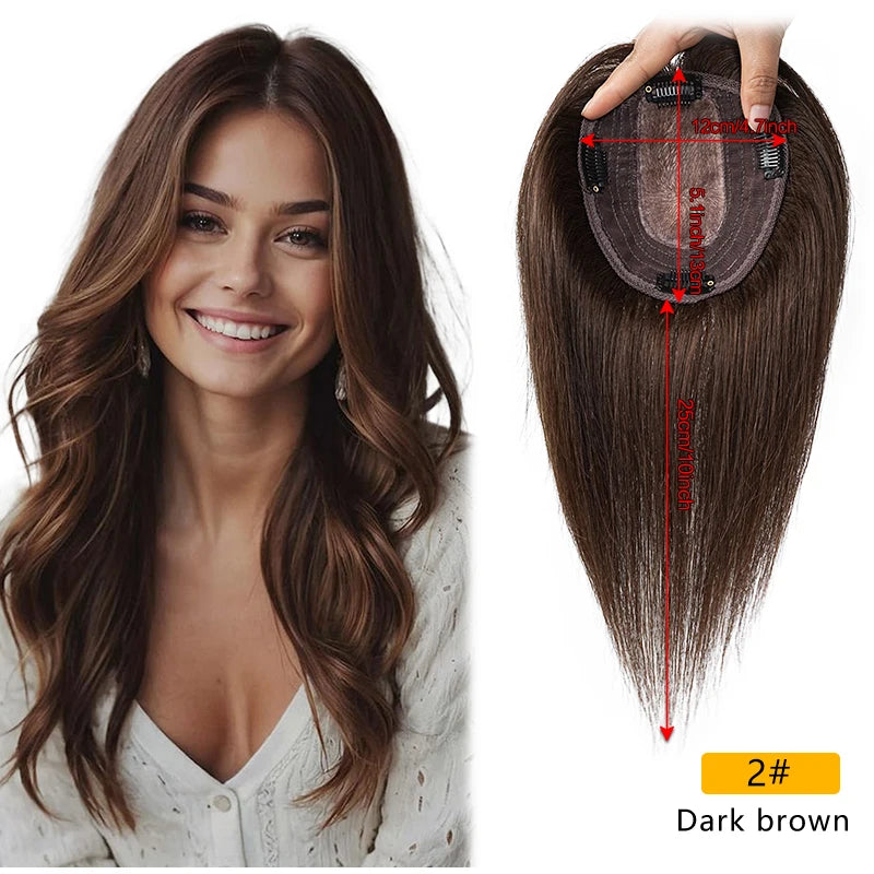 10 Inch 100% Human Hair 13X12cm Hairnet Clip in Hair Topper Extension with Bangs Top Wig Piece for Women Daily Life