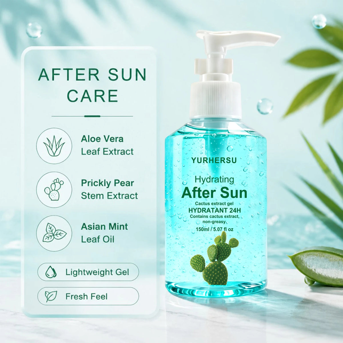 Soothing After Sun Gel，Daily Soothing Gel with Aloe Vera for Face and Body, Refreshing After-Sun Care