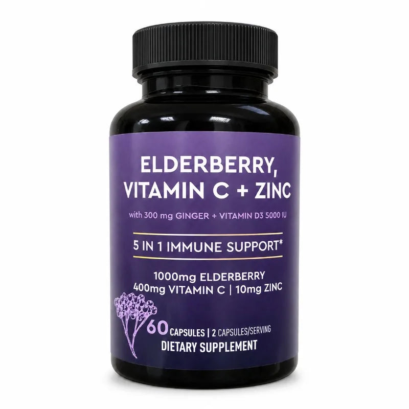Elderberry Vitamin C Zinc Supplement with D3 5000 IU, Ginger Root Extract Sambucus Nigra Capsules 60 Count