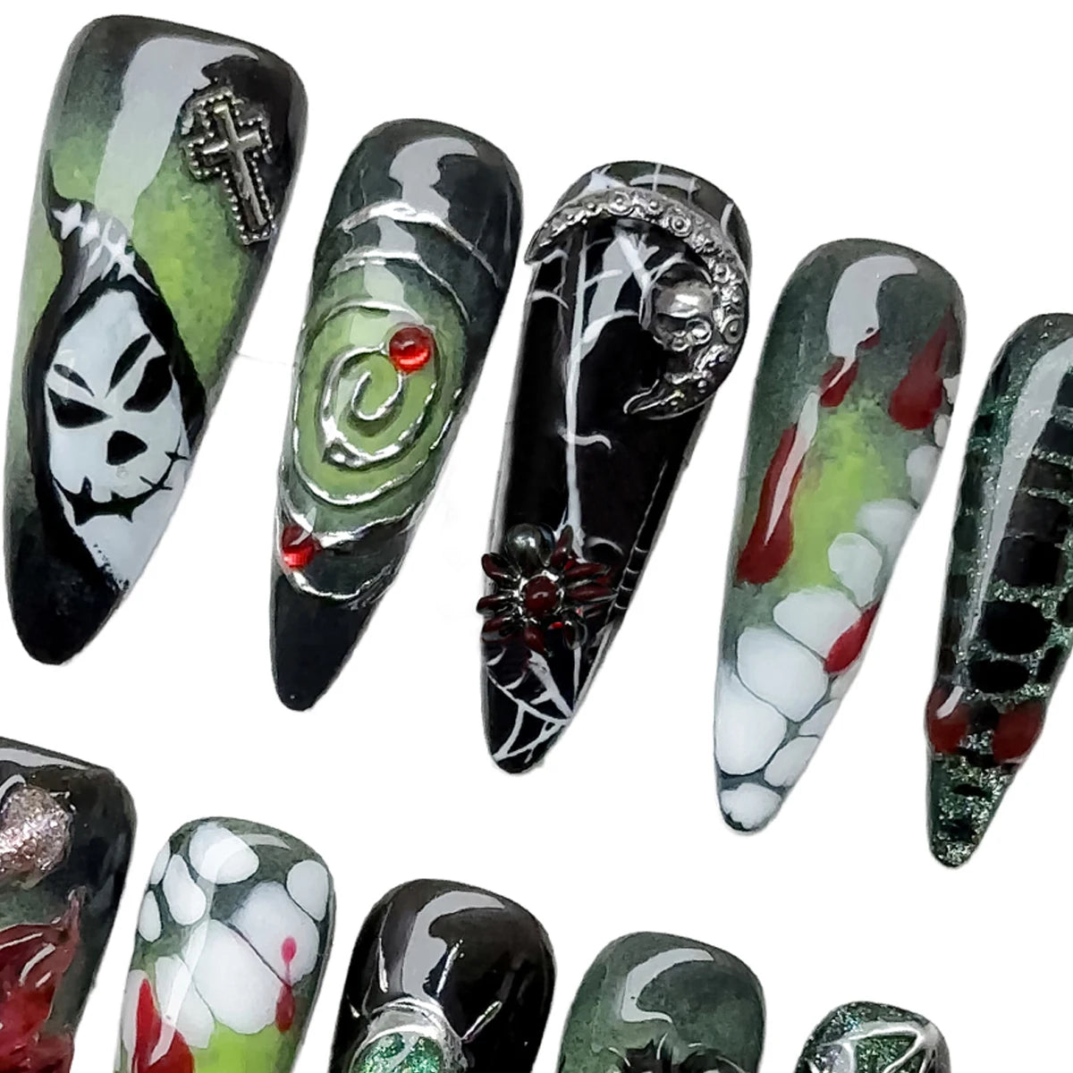 10pcs/Set Handmade acrylic press on nails Long high-heeled finger nails，halloween nails , Bloody Forest Hand-Painted Ghost Fake