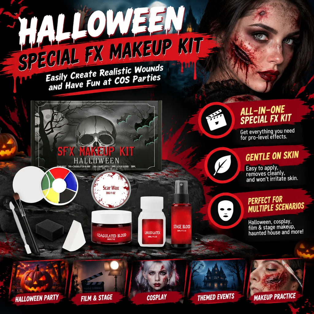Halloween Makeup Kit 200g SFX Scar Wax Fake Blood Gel Set Safe Special Effects Wound Makeup Zombie Party Supplies For Women
